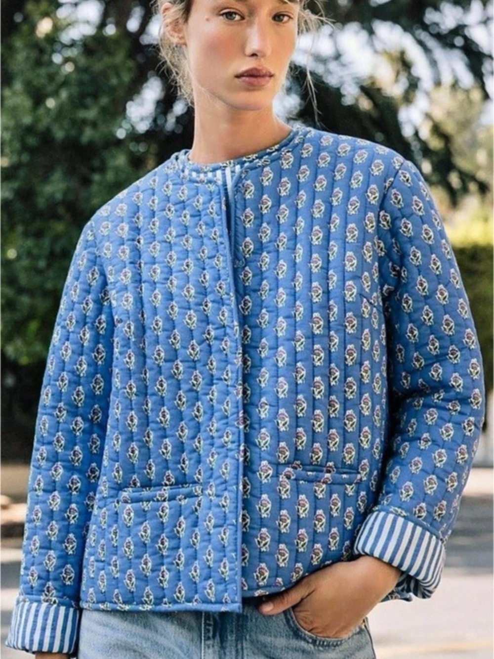 Japna Quilted Floral Block Print Jacket Size L Blue Cotton Cottagecore